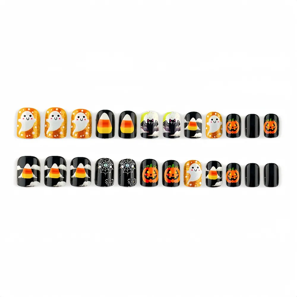 Nailhour 24Pcs Halloween Multicolor Glitter Cute Ghost Short Square Press On Nails