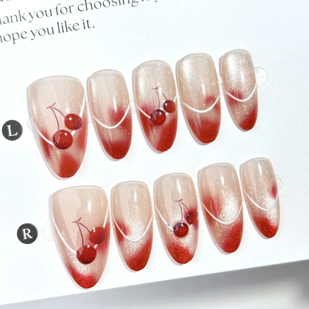 Nailhour 30Pcs Cat Eye 3D Cherry Medium Almond French Press On Nails