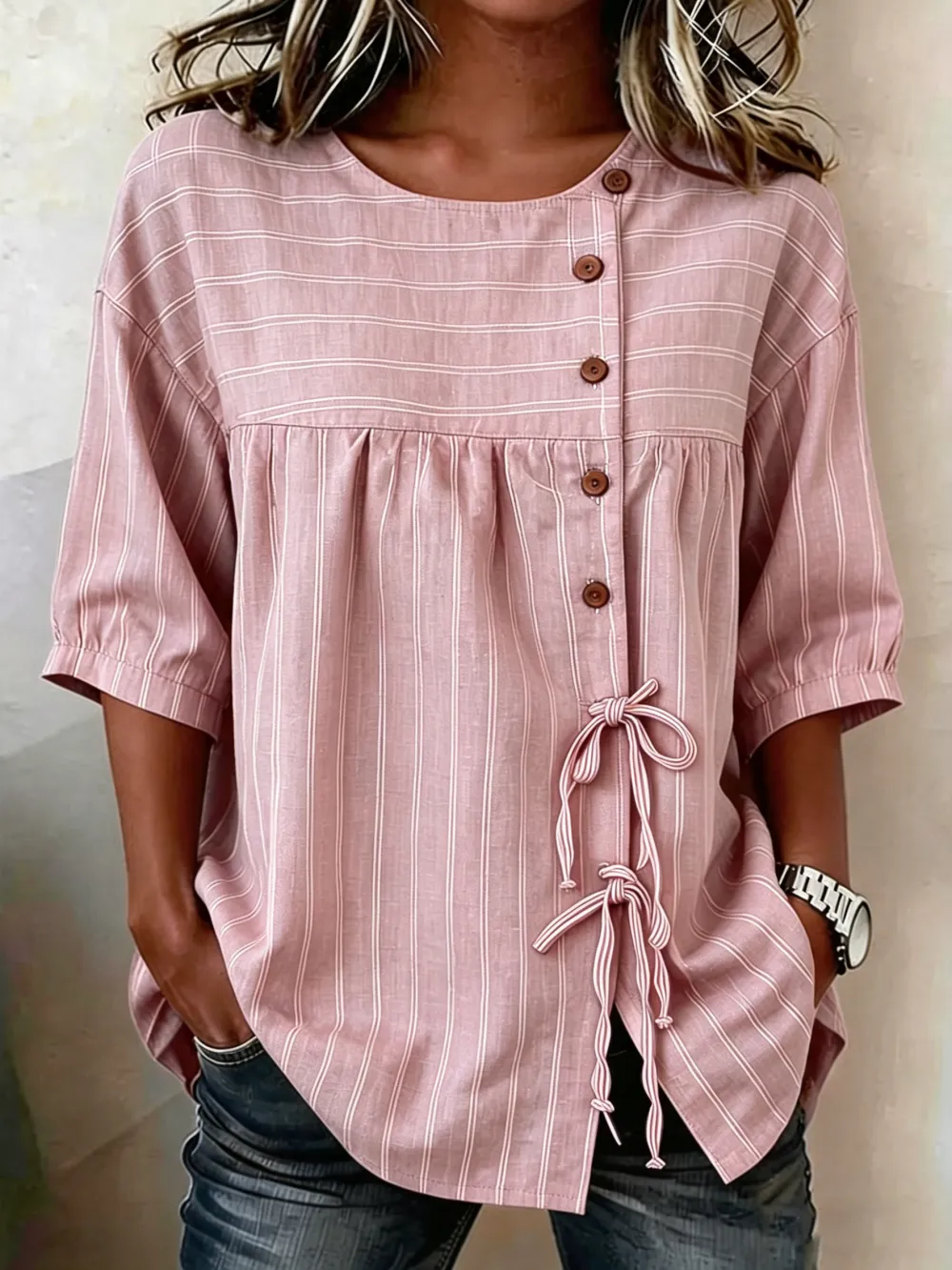 Women'S Casual Striped Printed Cotton Linen Short Sleeved Shirt
