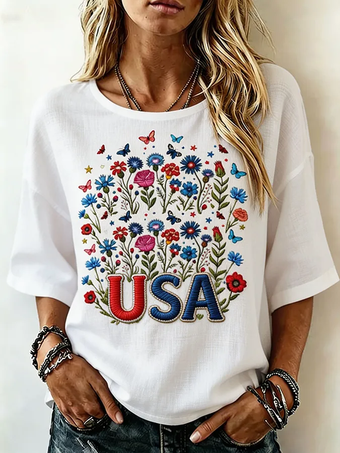 Women's USA Floral Embroidered Casual Loose Top
