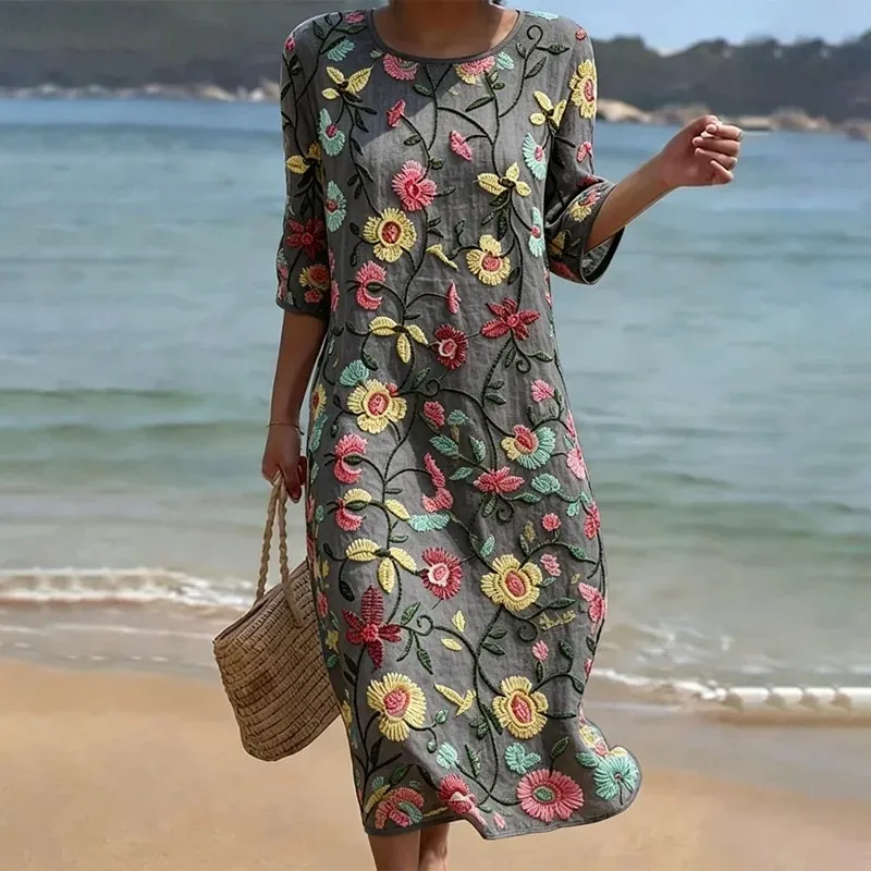 Vintage Floral Art Pattern Linen Blend Loose Three-quarter Sleeve Dress