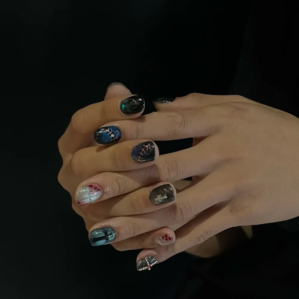 Nailhour 10Pcs Y2K Gothic Cat Eye Short Squoval Press On Nails