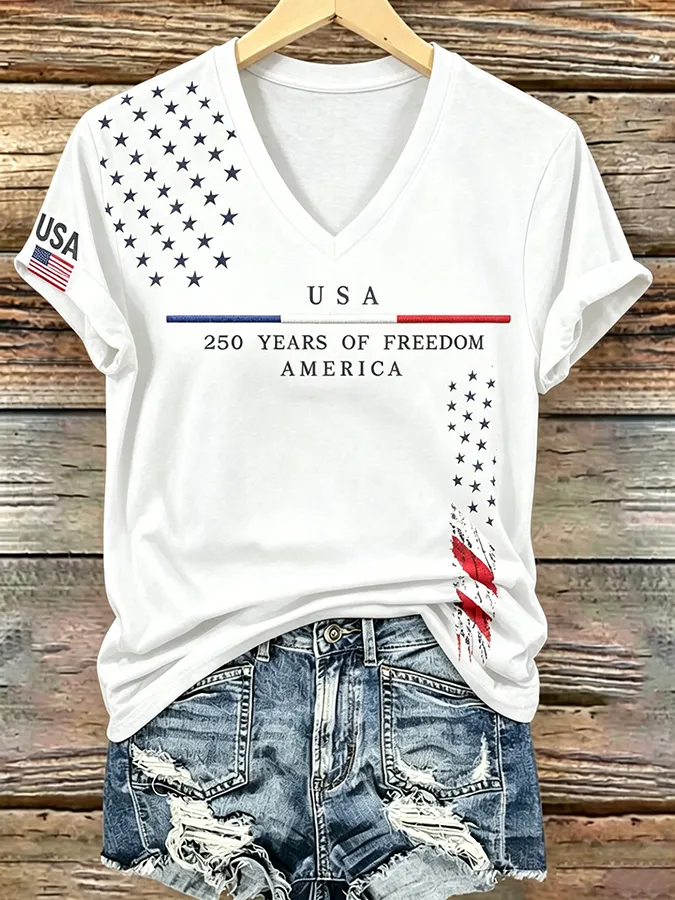 250Th Anniversary American Embroidery Commemorative V-Neck Short Sleeved T-Shirt