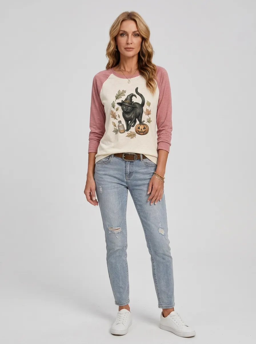 Women's Halloween Cat Witch Pumpkin Potion Printed T-shirt