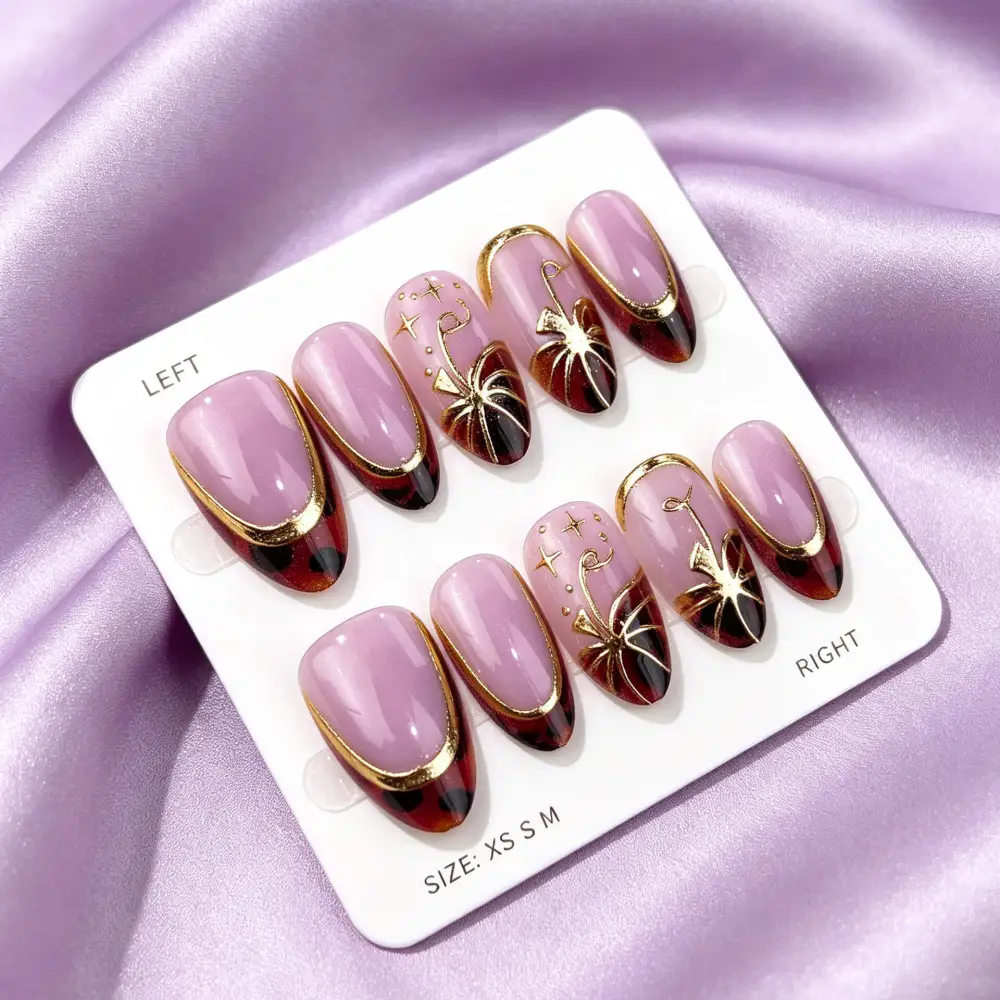 Nailhour 30Pcs Red Gilded French Medium Almond Press On Nails
