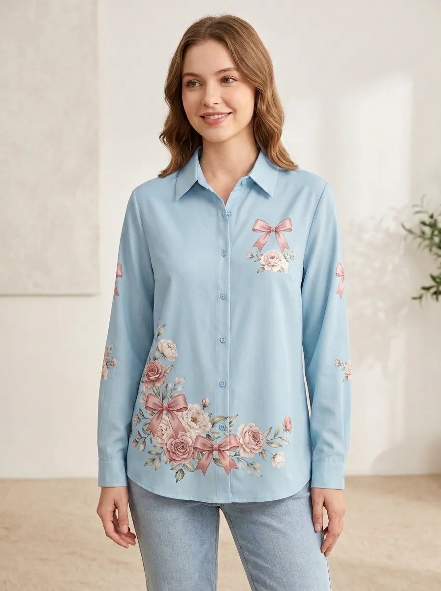 Women's Breast Cancer Awareness Floral Bow Printed Button-Down Shirt