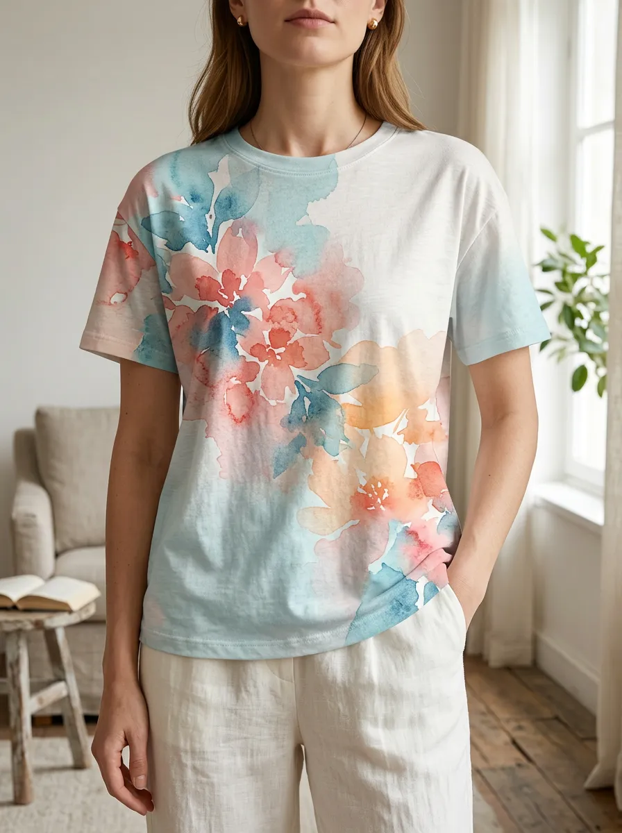 Women's Floral Lover Watercolor Flower Printed T-shirt