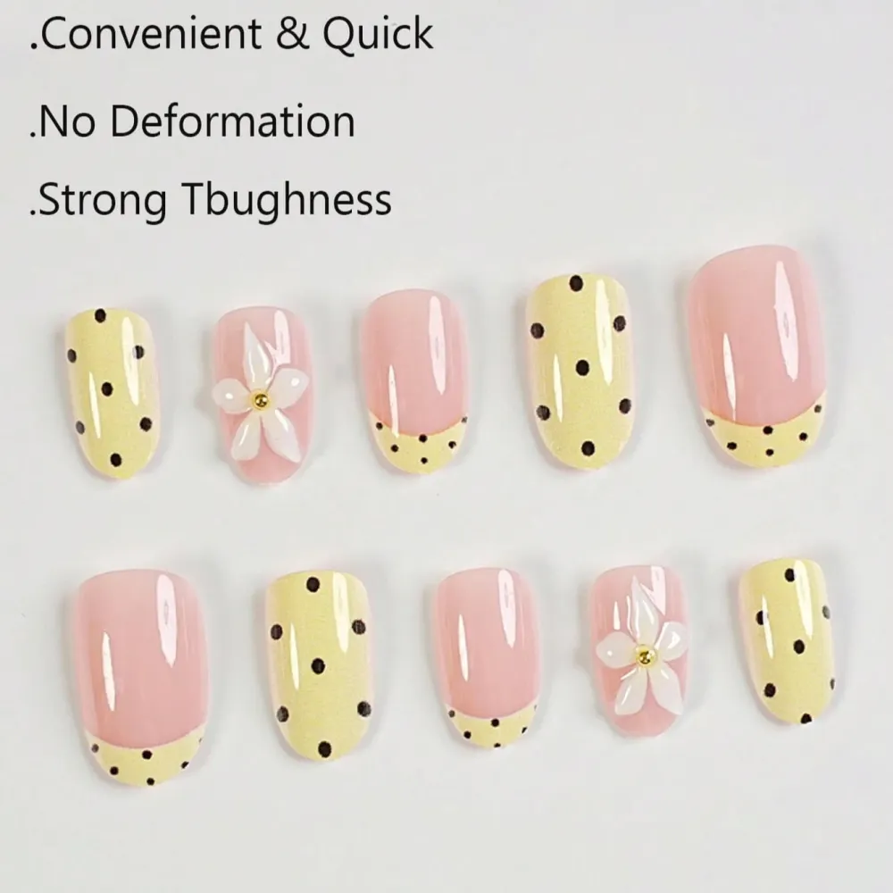 Nailhour 24Pcs French Medium Oval 3D Resin Floral Press On Nails
