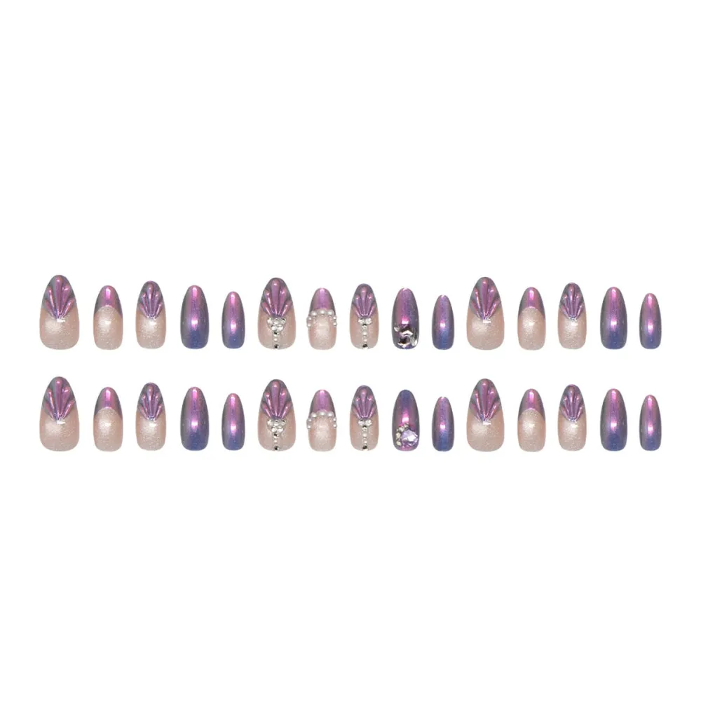 Nailhour 30Pcs French Cat Eye Fishtail Pearl Rhinestone 3D Purple Medium Almond Press On Nails