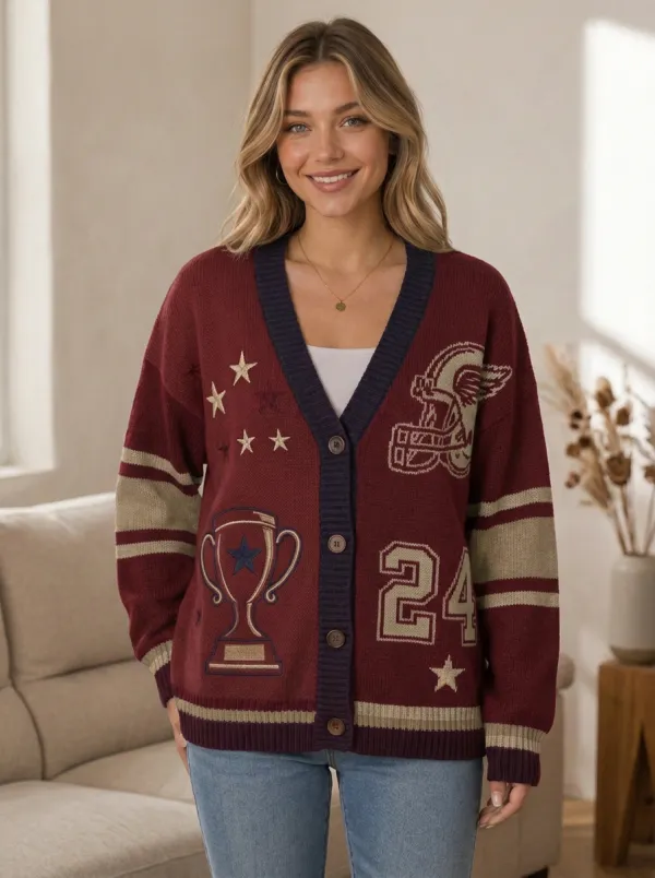 Women's Retro Inspired Gridiron Helmet Trophy Ball Knit Cardigan