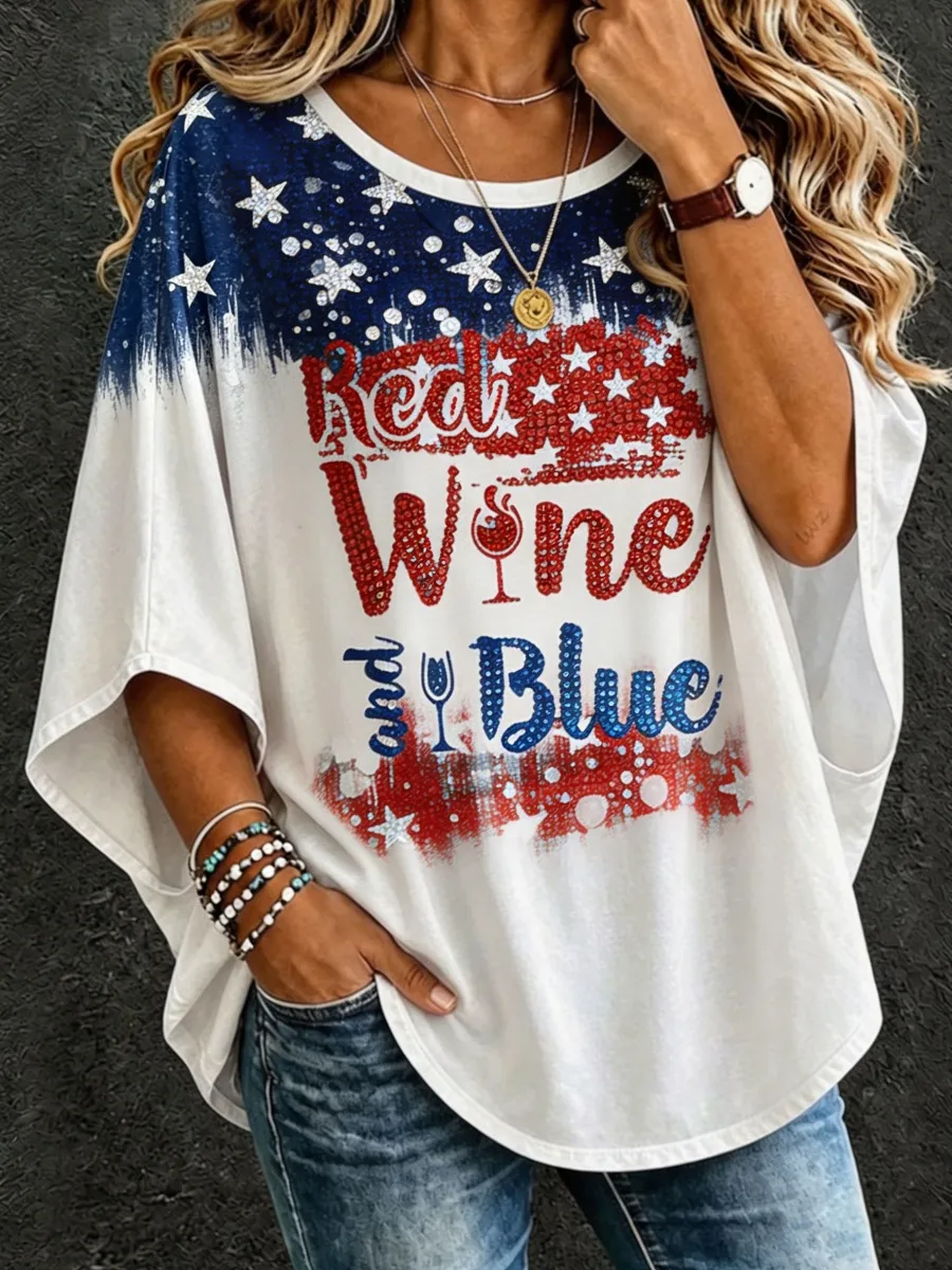 Red, White, and Blue Rhinestones Print 3/4-Sleeve T-Shirt