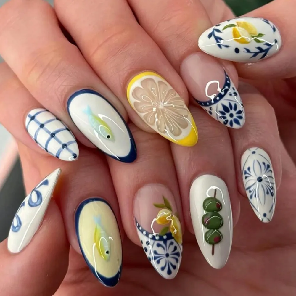 Nailhour Almond White 24Pcs Lemon Cute Fish Blue Plaid Press On Nails