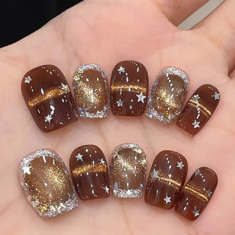 Nailhour 10Pcs French Cat Eye Brown Short Square Press On Nails