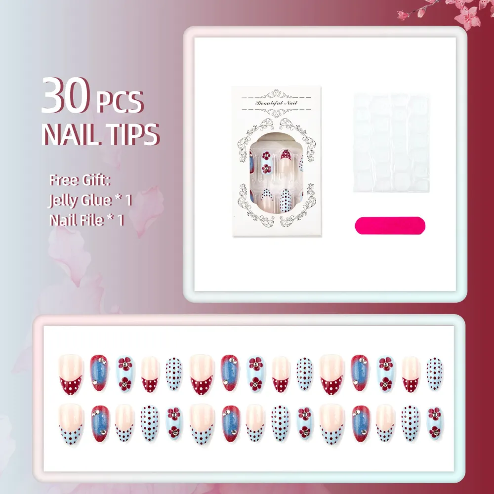 Nailhour 30Pcs Blue Polka Dot 3D Medium Almond French Press On Nails