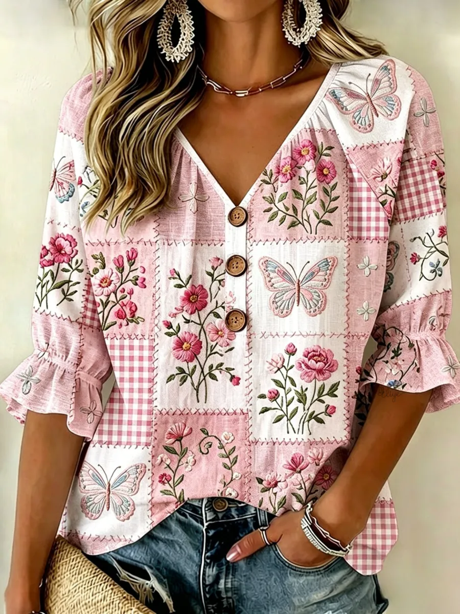 Women'S Floral Cotton Linen Shirt