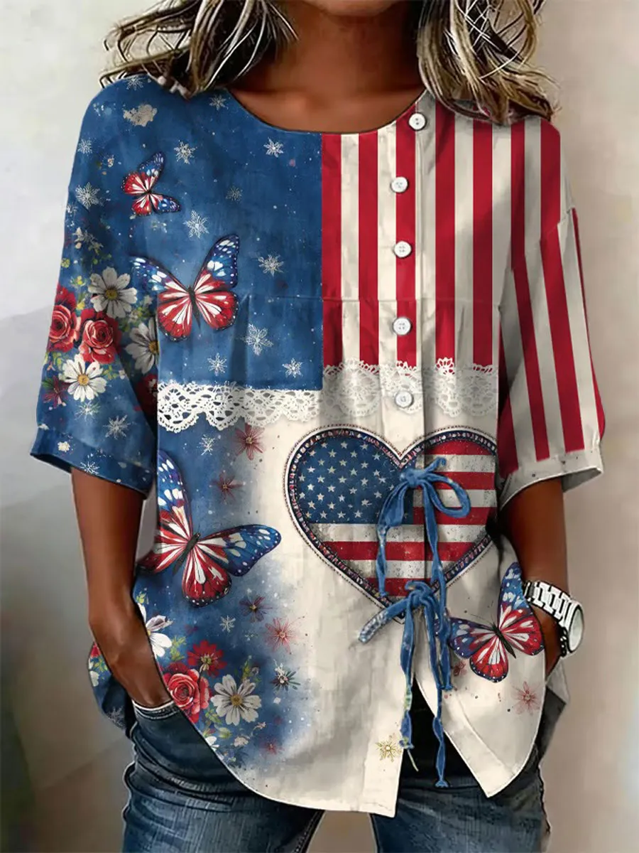 Women's Cotton Linen USA 250th Anniversary Print Shirt