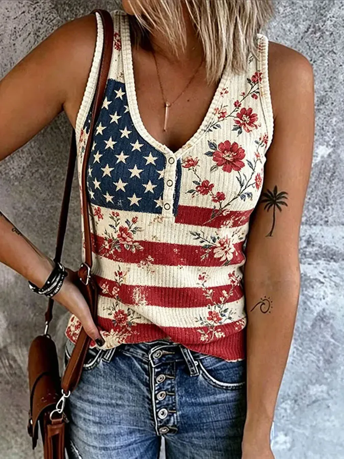 Women's American Flag Printed Sleeveless Tank Top