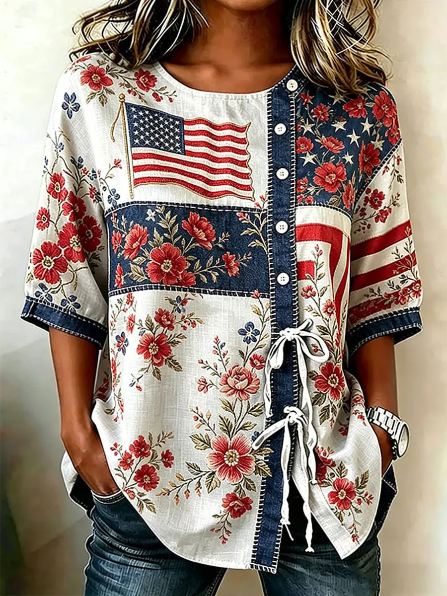 Women's Cotton Linen Floral Floral 250th Anniversary Digital Print Top