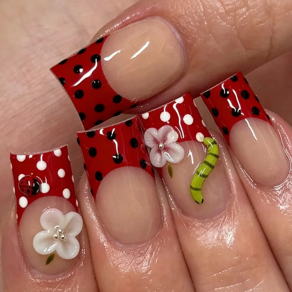 Nailhour Square Polka Dot French Red 24Pcs Daily Press On Nails