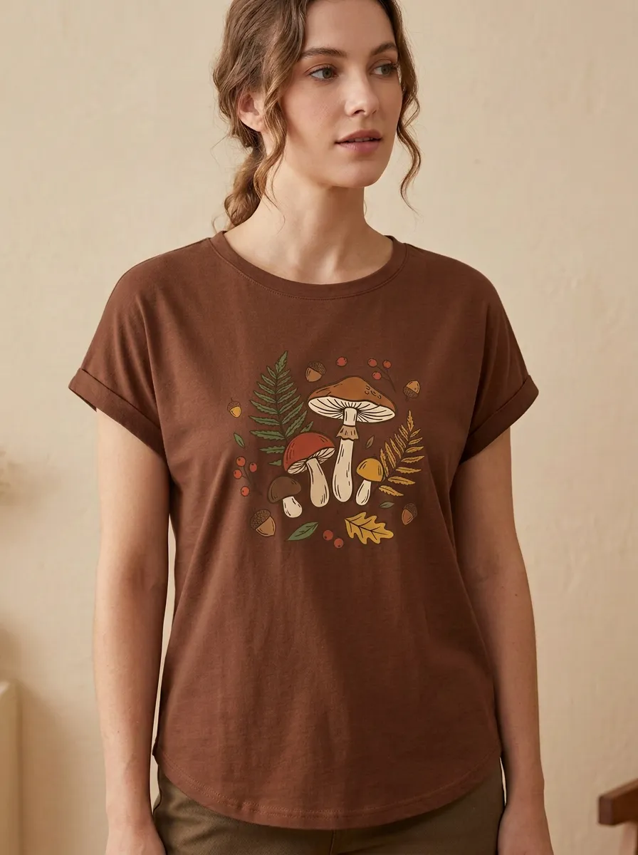 Botanical Mushroom Fern Acorn Printed Women's Graphic T-Shirt