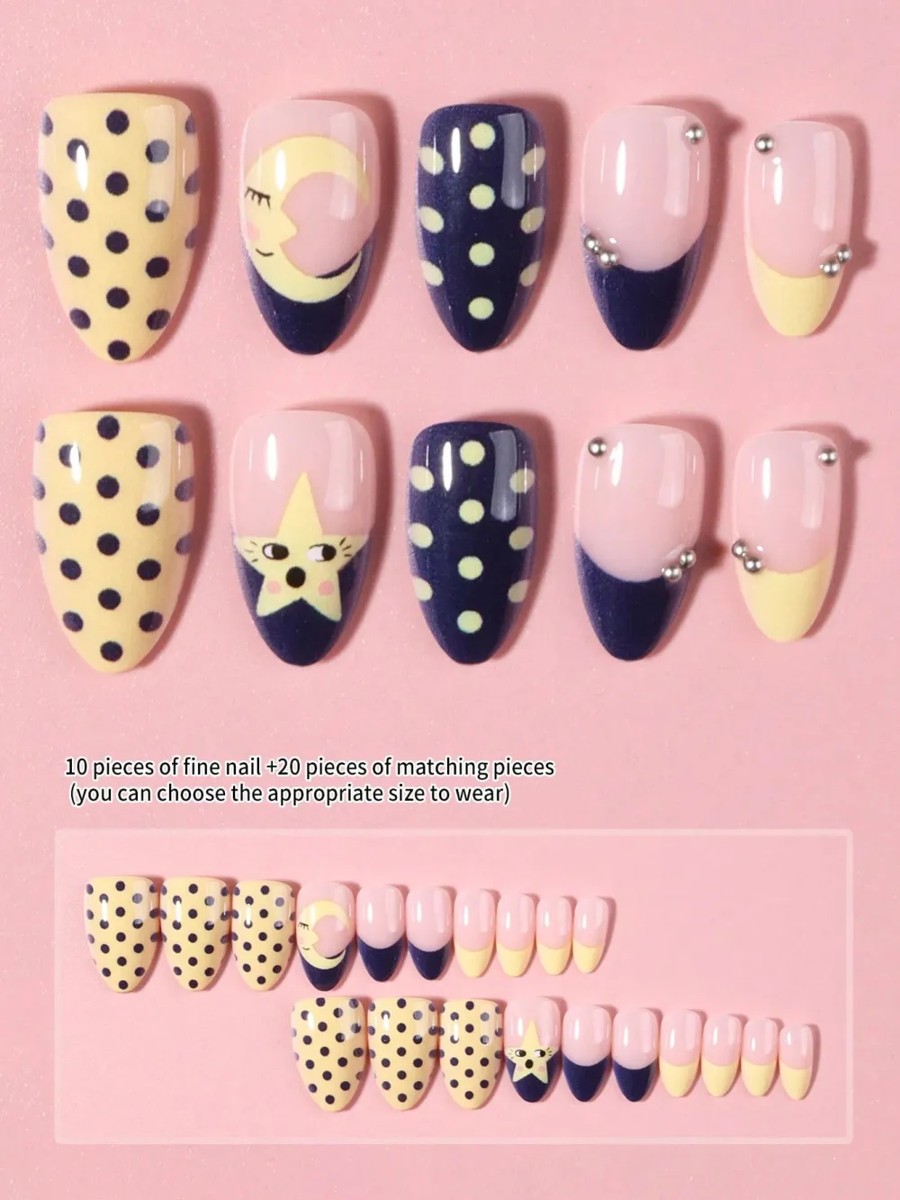 Nailhour 30Pcs Short Almond French Cute Polka Dot, Star, Moon Press On Nails