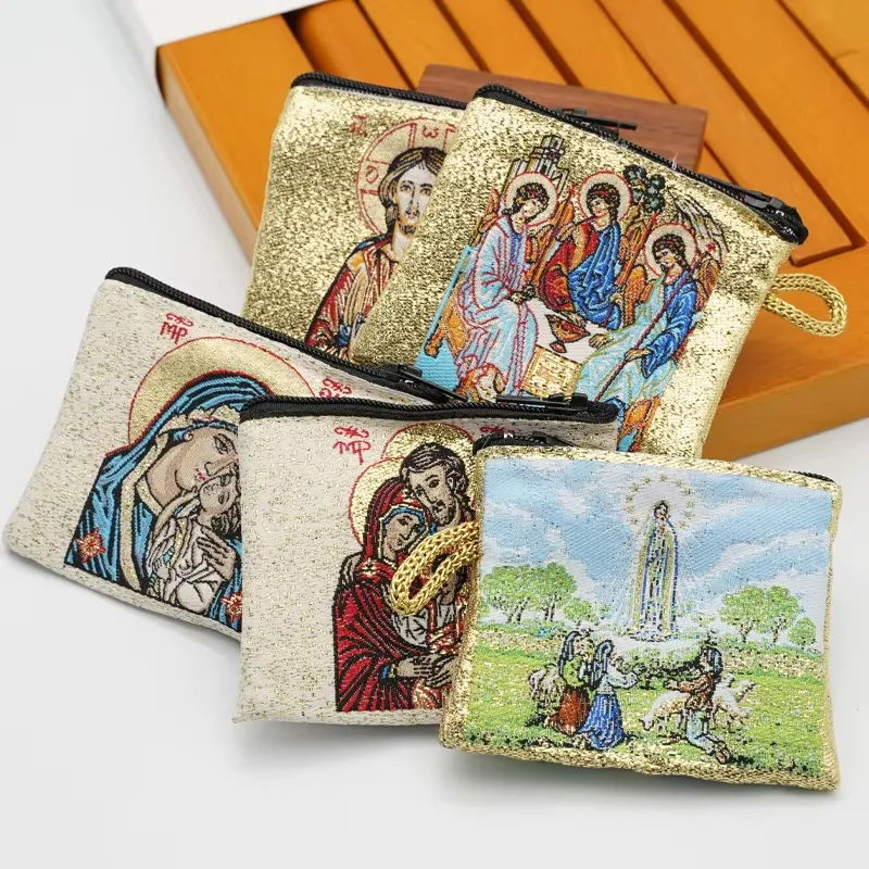 Embroidered Rosary Bag With Religious Images Of Catholic Saints For Prayer
