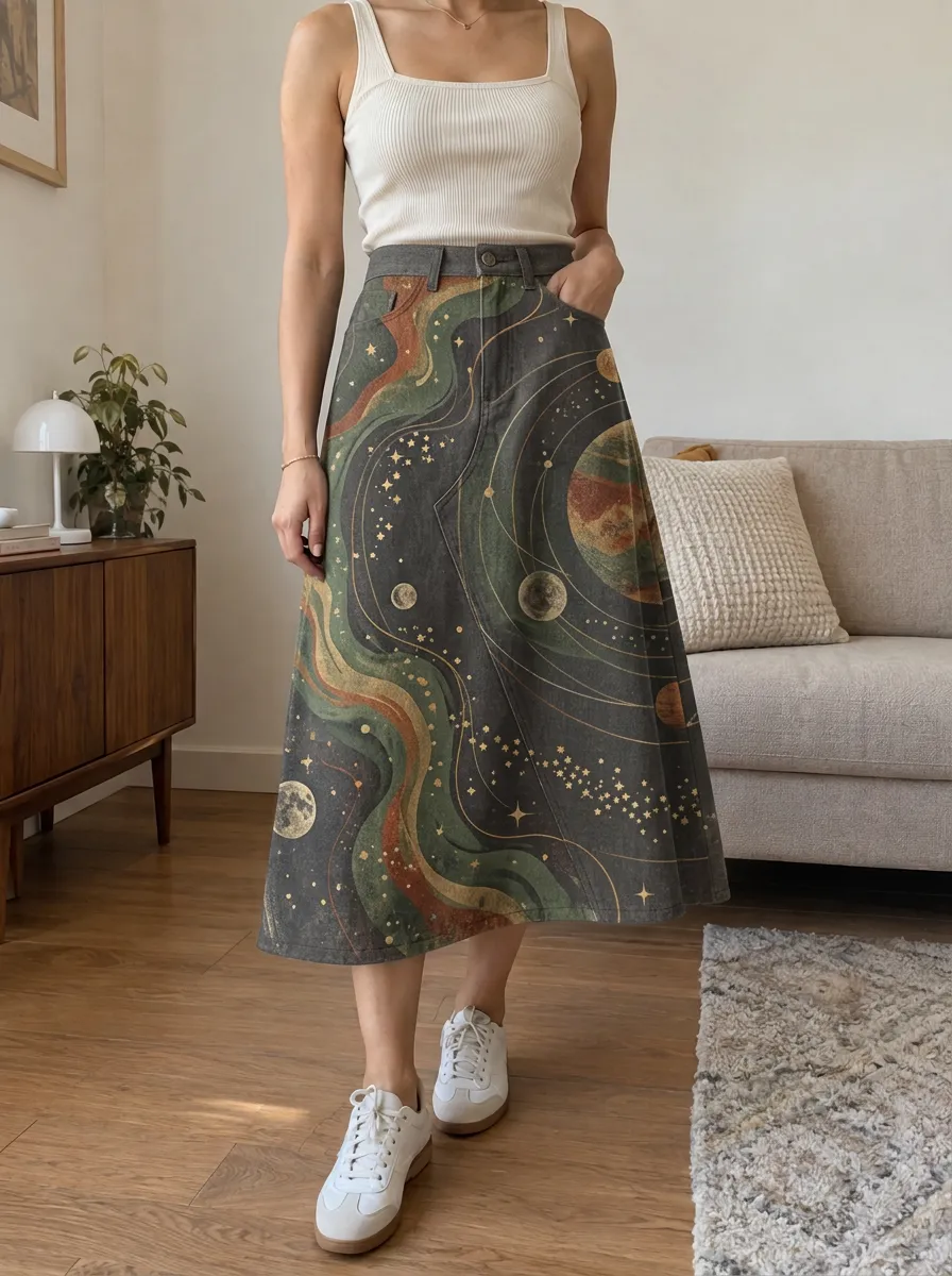 Women's Celestial Space Galaxy Planets Stars Printed Midi Skirt