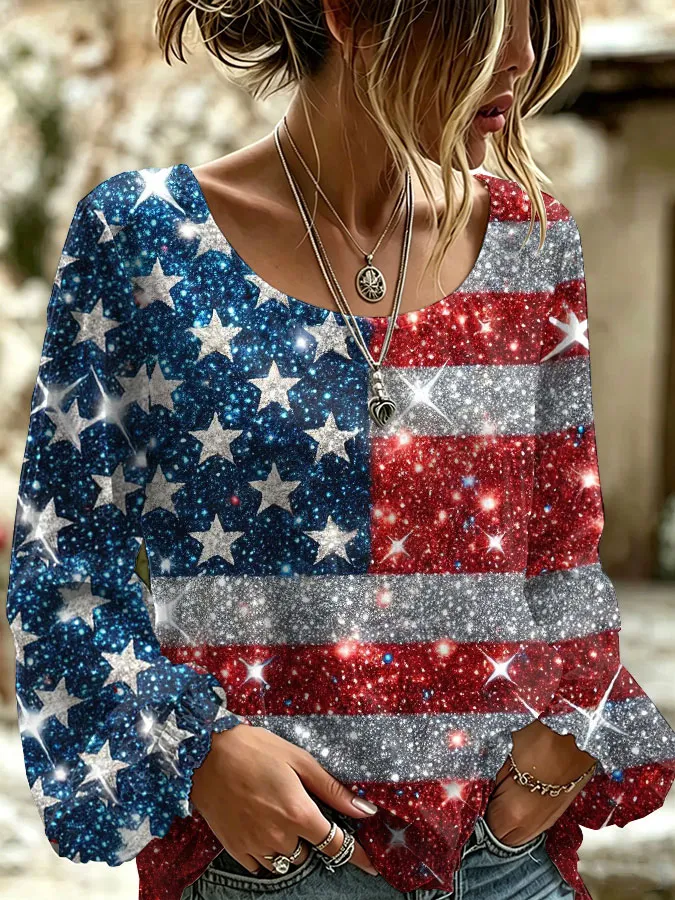 Women'S America Flag Printed Casual Cotton And Linen Top