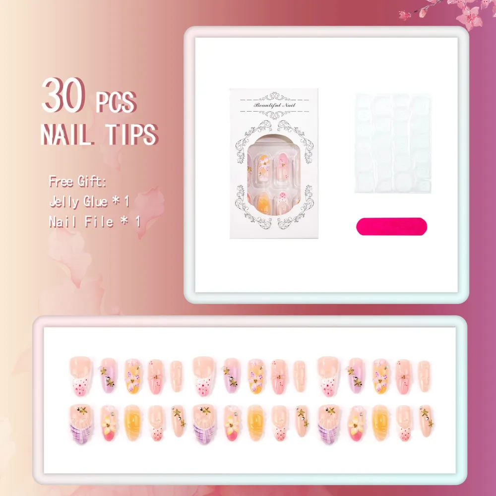Nailhour 30Pcs Shell Gilded 3D Medium Almond French Press On Nails