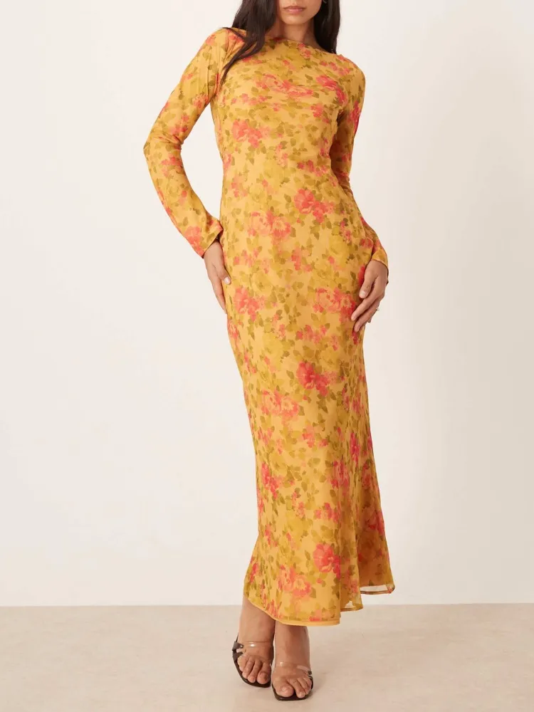 Floral Design Boat Neck Dress