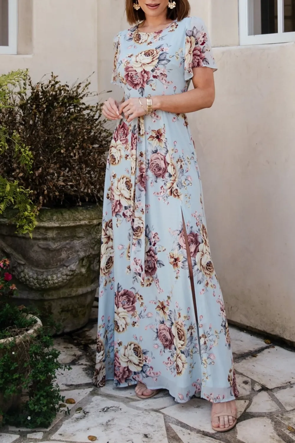 High-Waisted Versatile Slimming Round-Neck Floral Pattern Dress