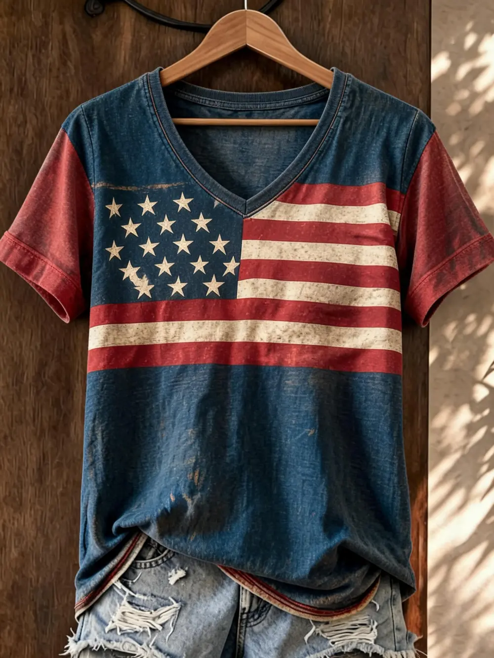 Vintage American Flag Element Pattern Design Casual Linen T-shirt