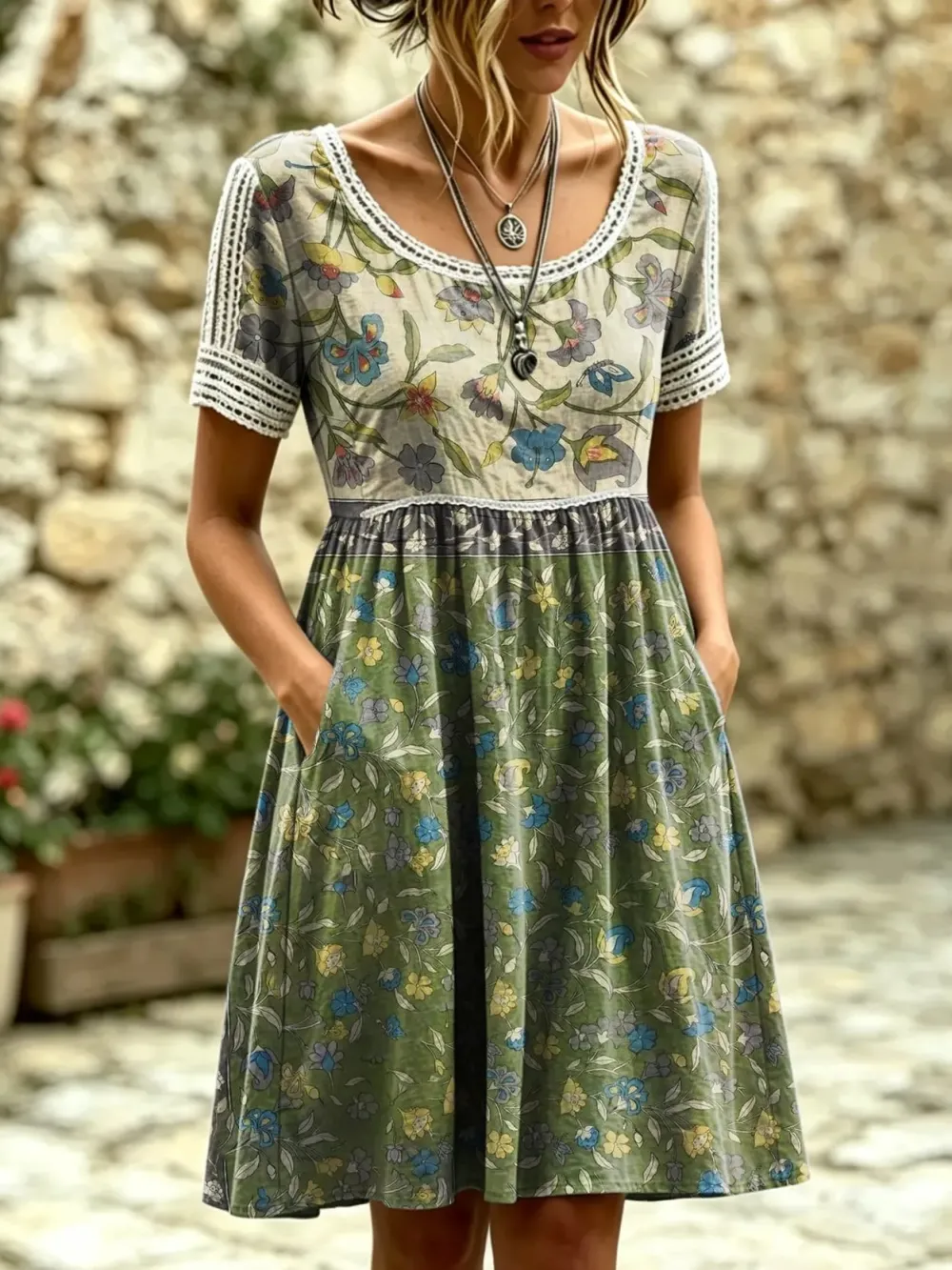 Women's Retro Floral Print Artistic Lace-trimmed Pocket Round-neck Short-sleeve Dress