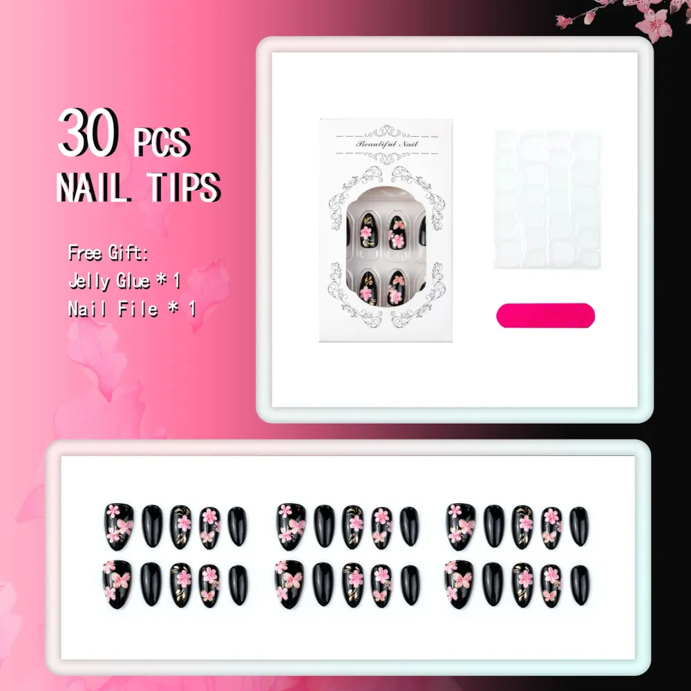 Nailhour 30Pcs Black Floral Medium Almond French Press On Nails