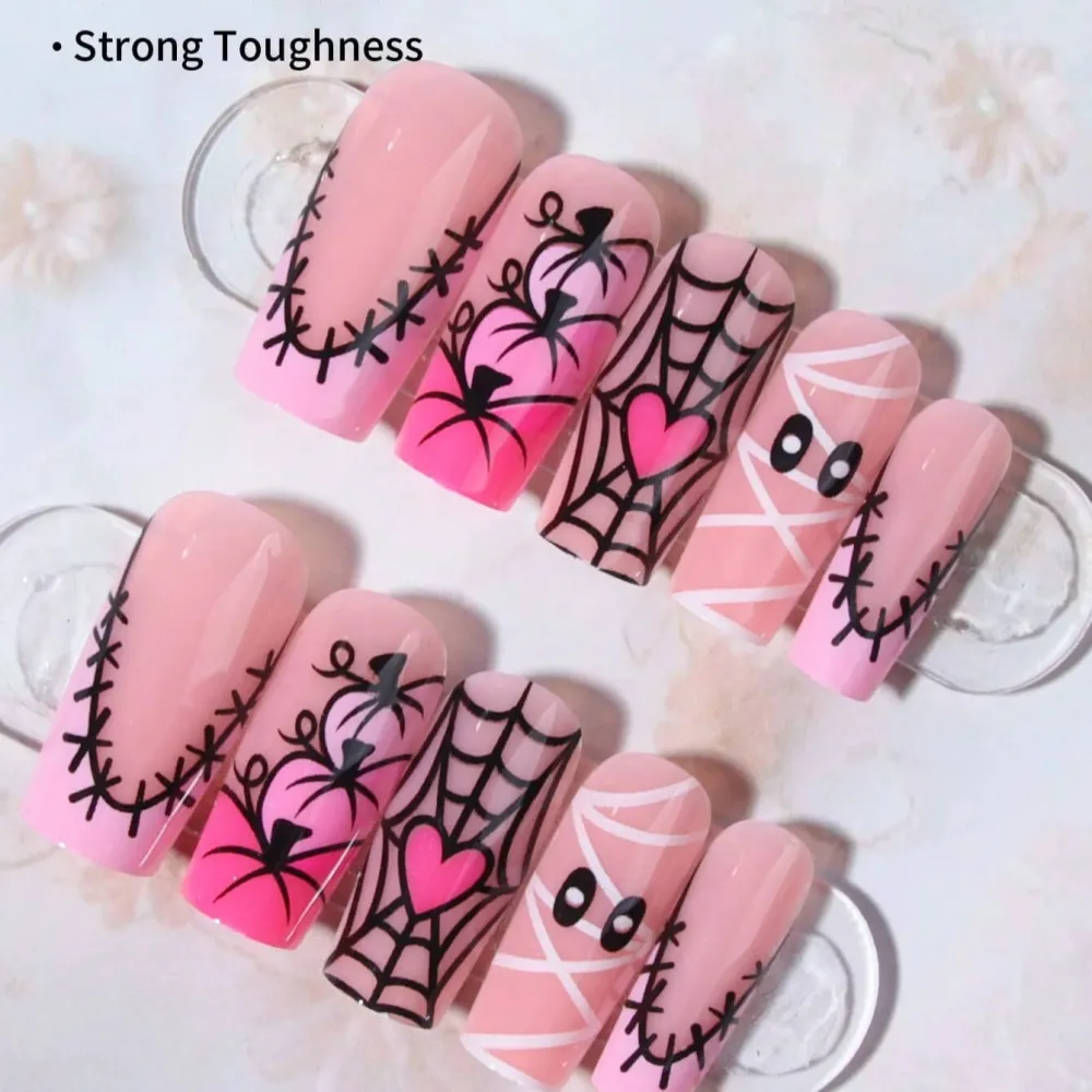 Nailhour 24Pcs Pink Halloween Medium Square Press On Nails