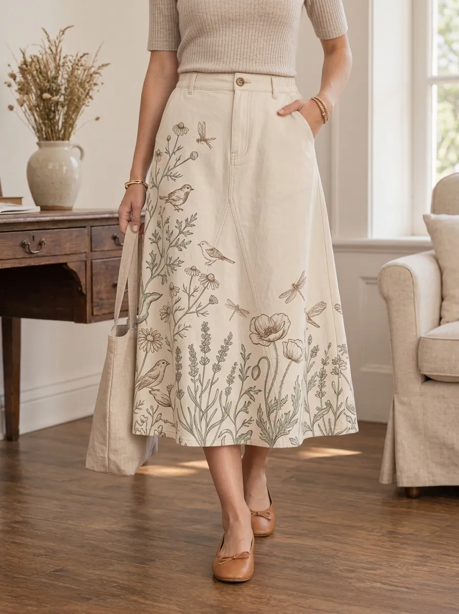 Women's Nature Lover Bird Flower Dragonfly Printed Midi Skirt