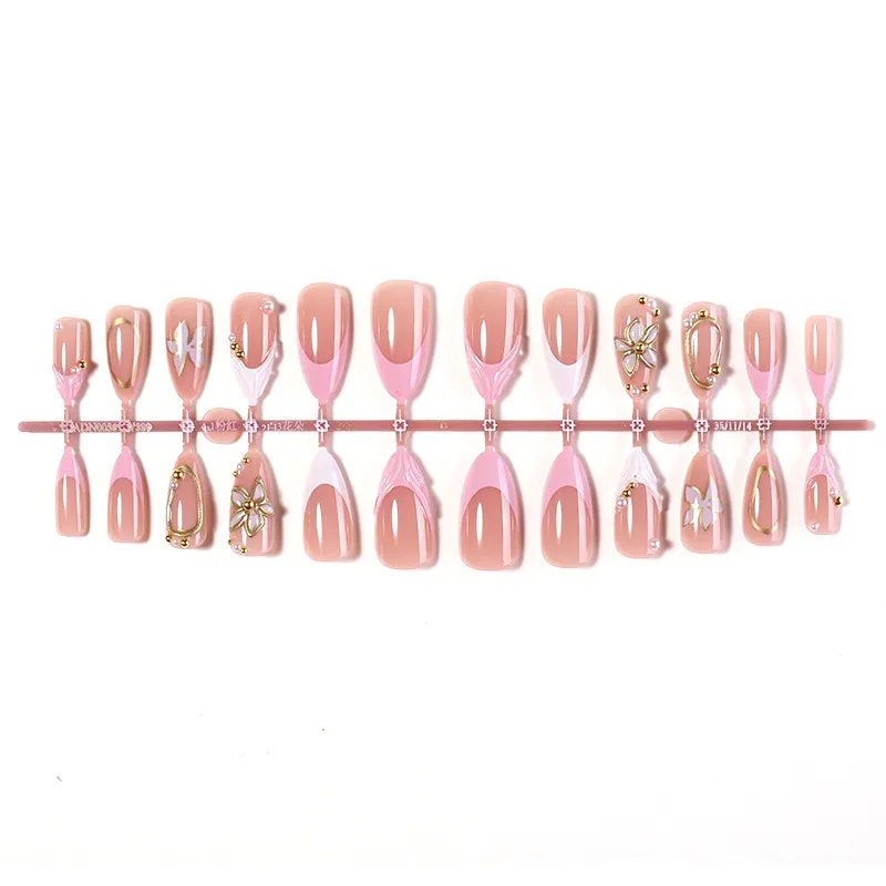 Nailhour Nude Gold Floral 24Pcs 3D French Press On Nails
