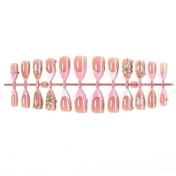 Nailhour Nude Gold Floral 24Pcs 3D French Press On Nails