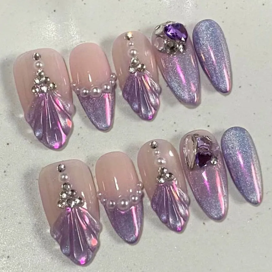 Nailhour 30Pcs French Cat Eye Fishtail Pearl Rhinestone 3D Purple Medium Almond Press On Nails