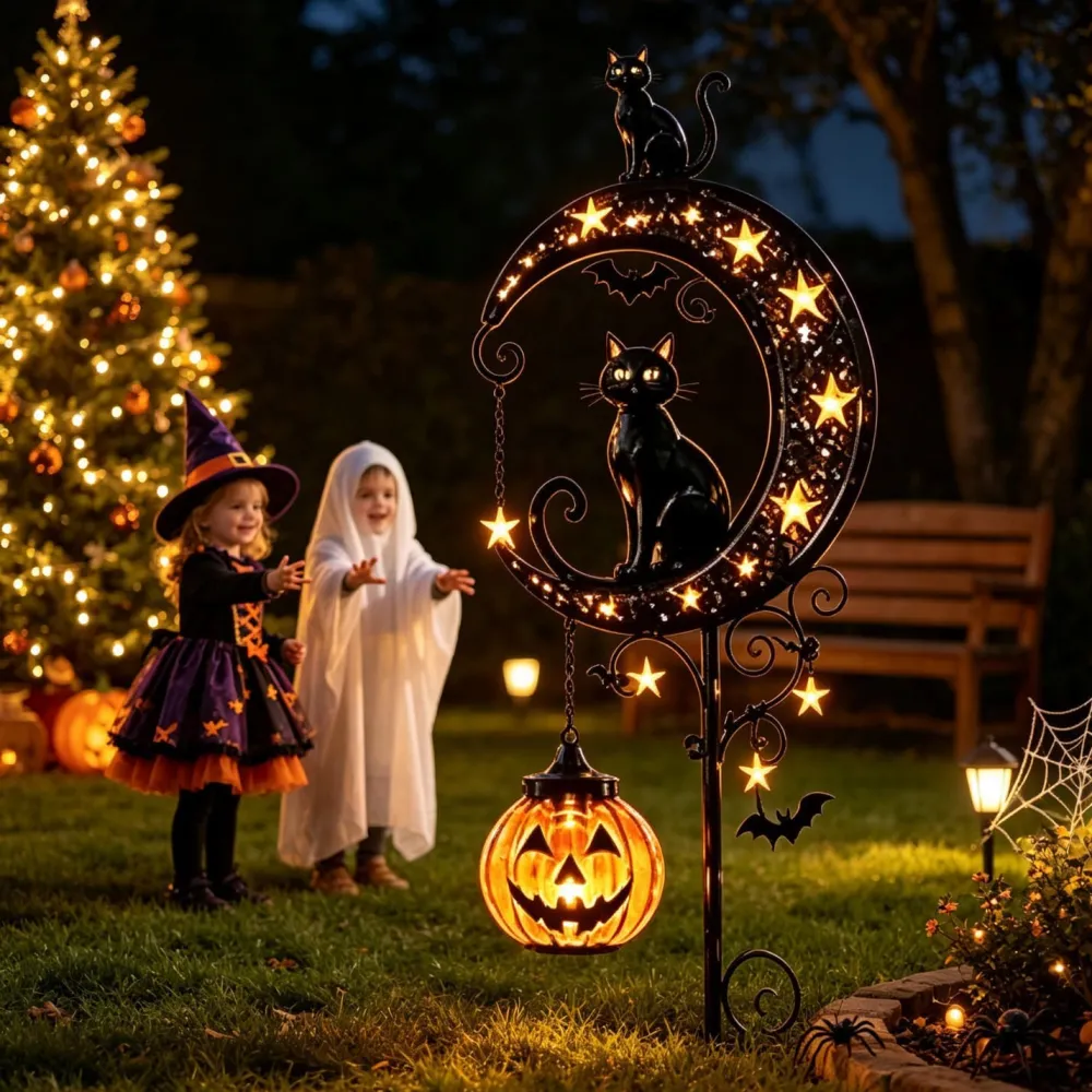 Halloween Solar Black Cat & Pumpkin Moon Stake Light