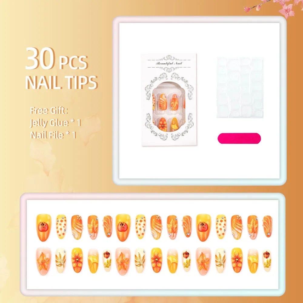 Nailhour 30Pcs Floral Maple Leaves 3D Medium Almond Autumn Press On Nails