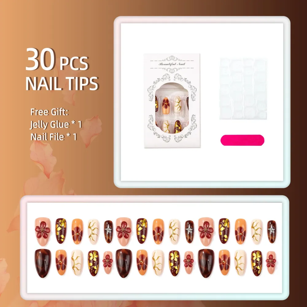 Nailhour 30Pcs Winter 3D Gilded Medium Almond French Press On Nails