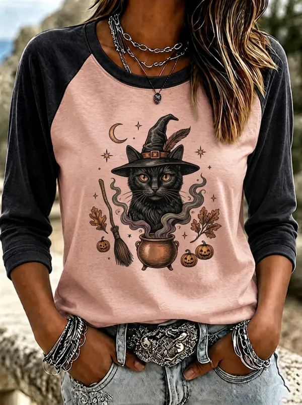 Women's Halloween Witch Cat Cauldron Printed T-shirt