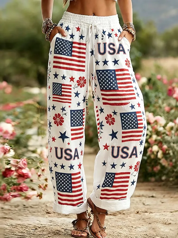 Ladies' Casual Linen Blended Flower American Elements Personalized Printed Loose Pants