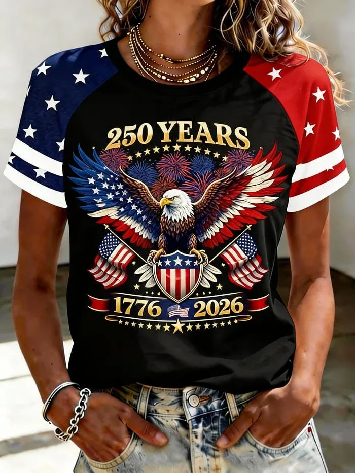 Ladies' Casual American 1776-2026 Founding Celebration Printed Shoulder Collar T-Shirt