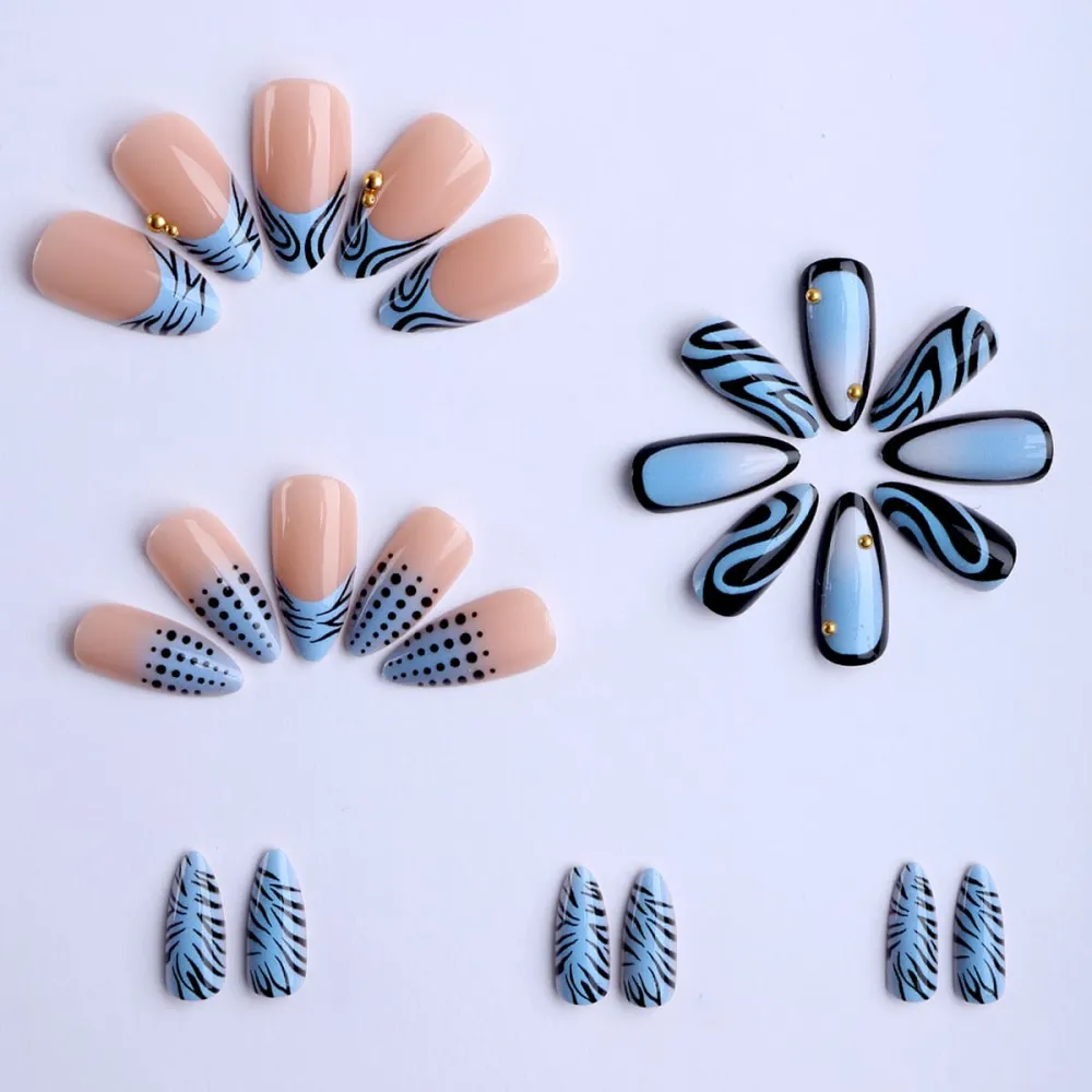 Nailhour 24Pcs Blue Gilded French 3D Medium Almond Press On Nails