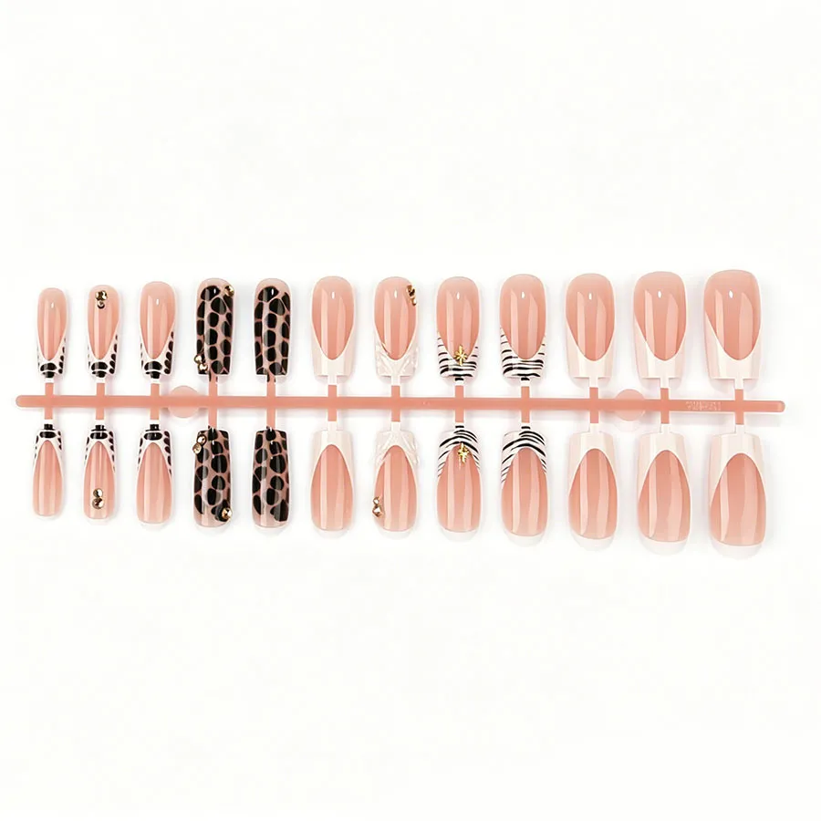 Nailhour 24Pcs Cool Leopard French Handmade Square Press On Nails
