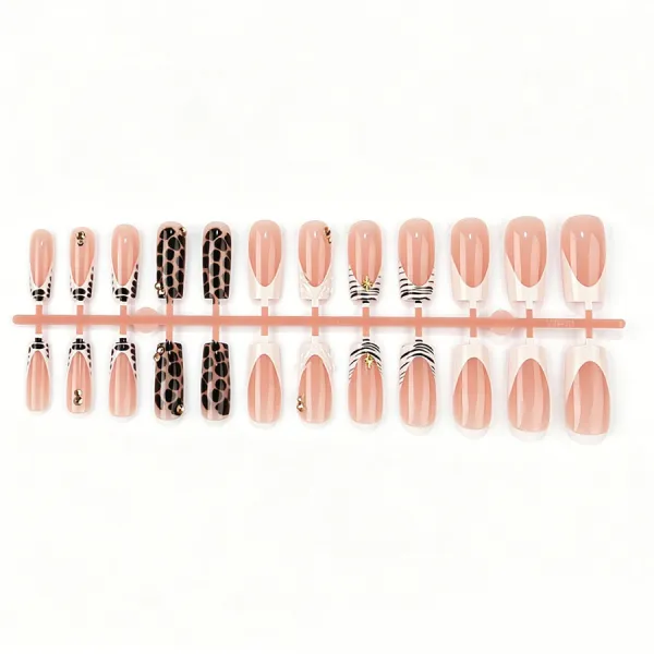 Nailhour 24Pcs Cool Leopard French Handmade Square Press On Nails