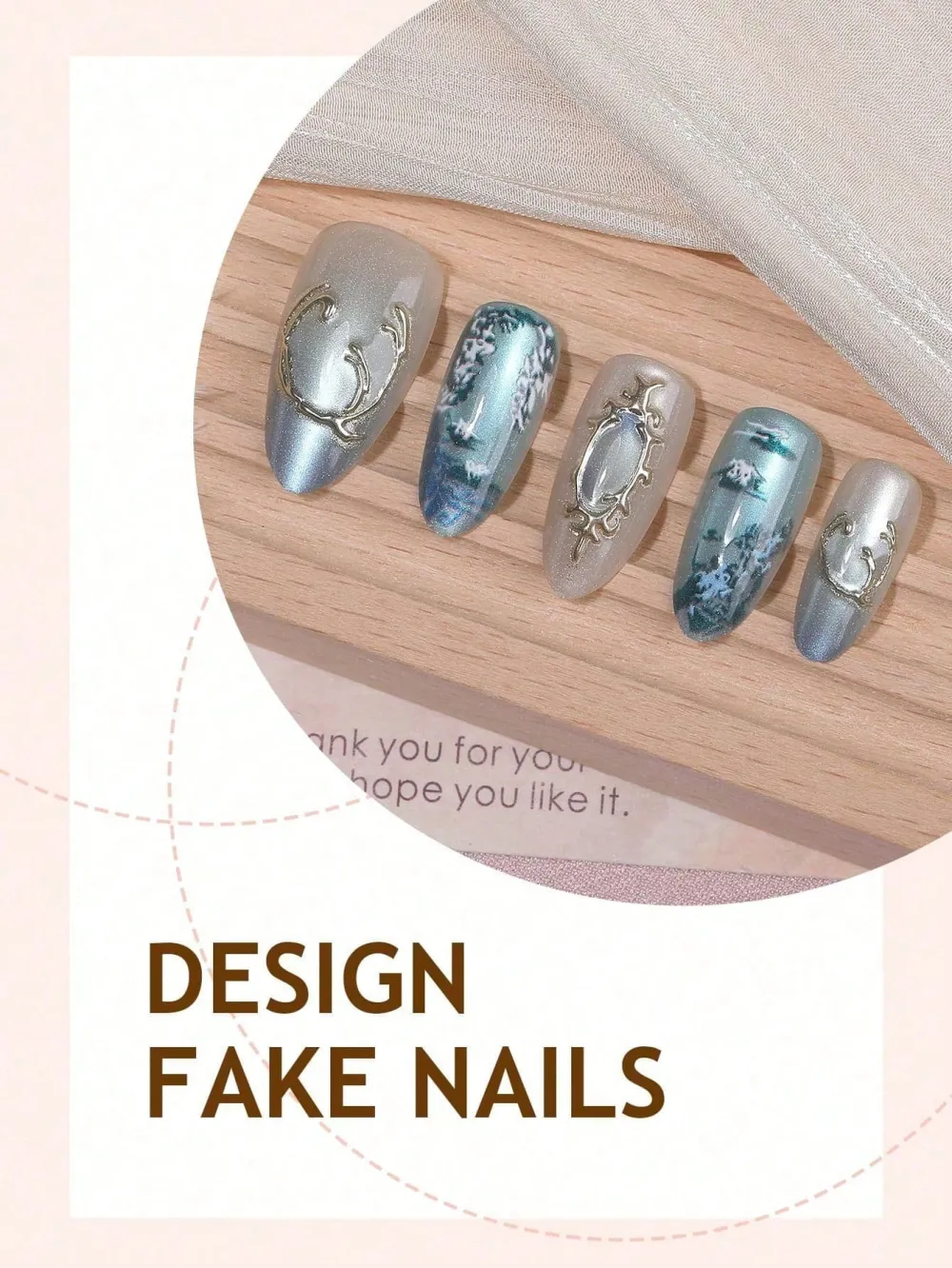 Nailhour 30Pcs Blue Vintage Gilded Floral Medium Almond Press On Nails