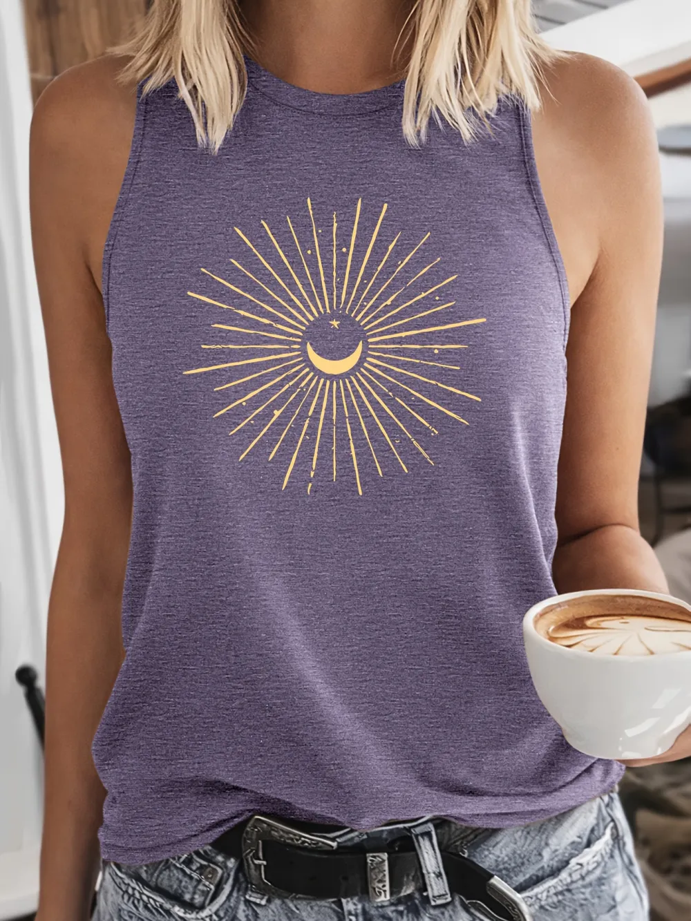 Retro Sun Moon Print Tank Top